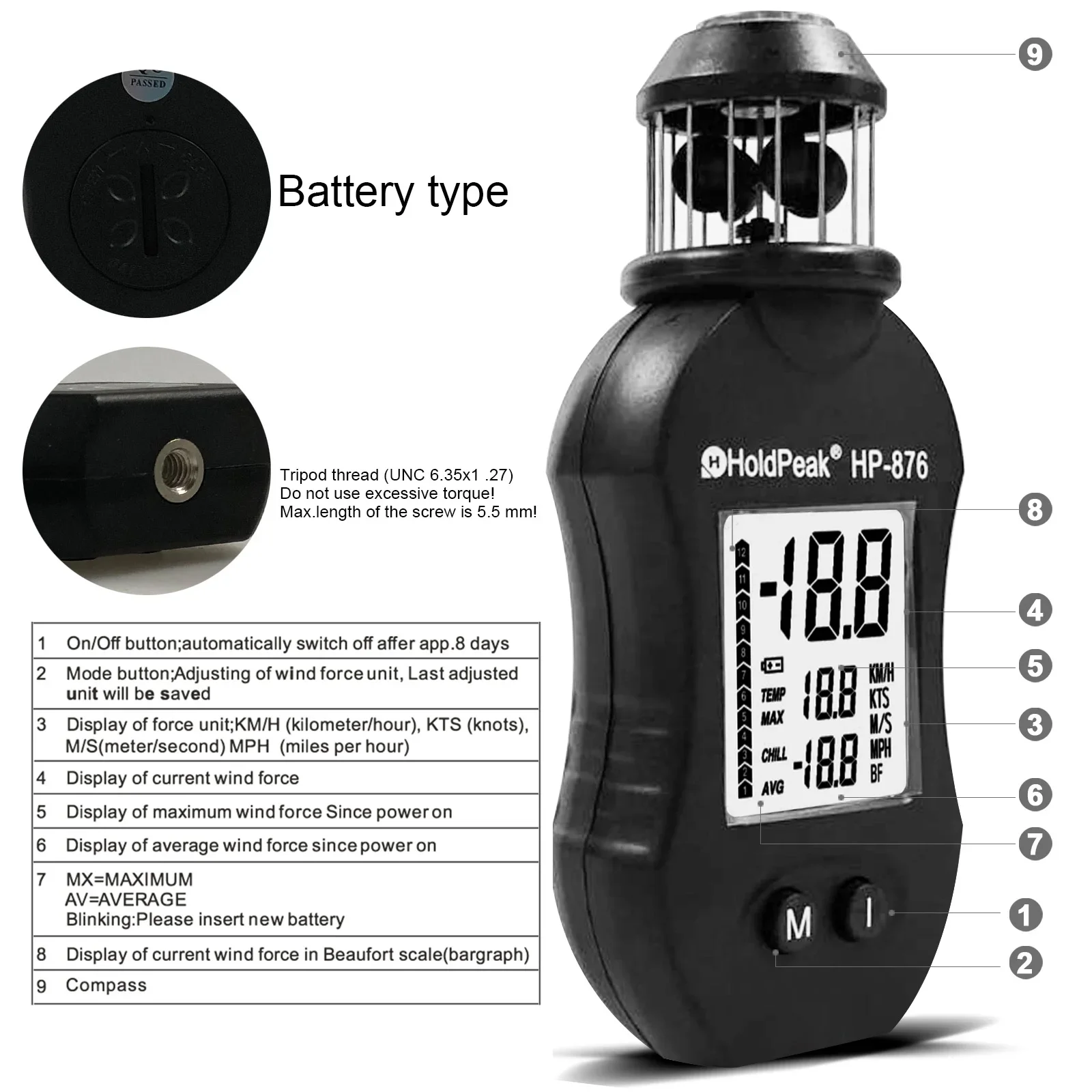 Anemômetro Digital Portátil Medidor de Velocidade do Vento Medindo a Velocidade do ar para Ventilações Hvac Barco Vela Tiro Hp876 Bolso