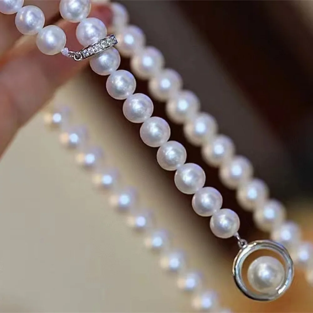 

Fashion necklace AAAA7-8mm natural Japanese round pearl necklace length 71cm /925s