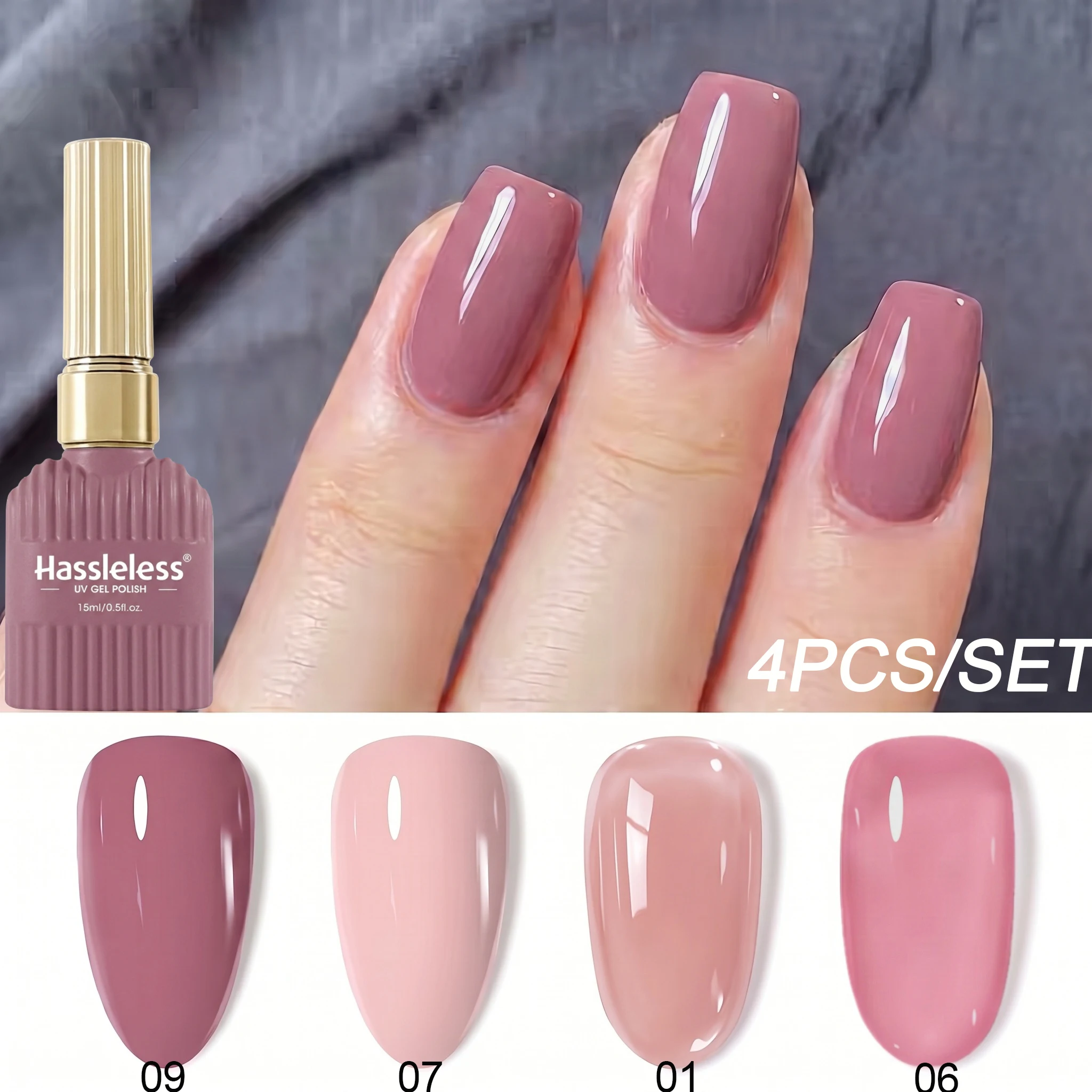 Hassleless 4Pcs Gentle Nude Bean Paste Color Nail Gel Polish Set, 4-Piece Set with Translucent Jelly Colors and Solid Colors, a Complete Set That Is Gentle and Fashionable, Can Be Used for Various Styles Such as Solid Color, Color Combination, French Manicure, Thin Application for a Translucent Look, Layered Application for Added Dimension, DIY Nail Art for Women, Nail Salon, Nail Art Enthusiasts