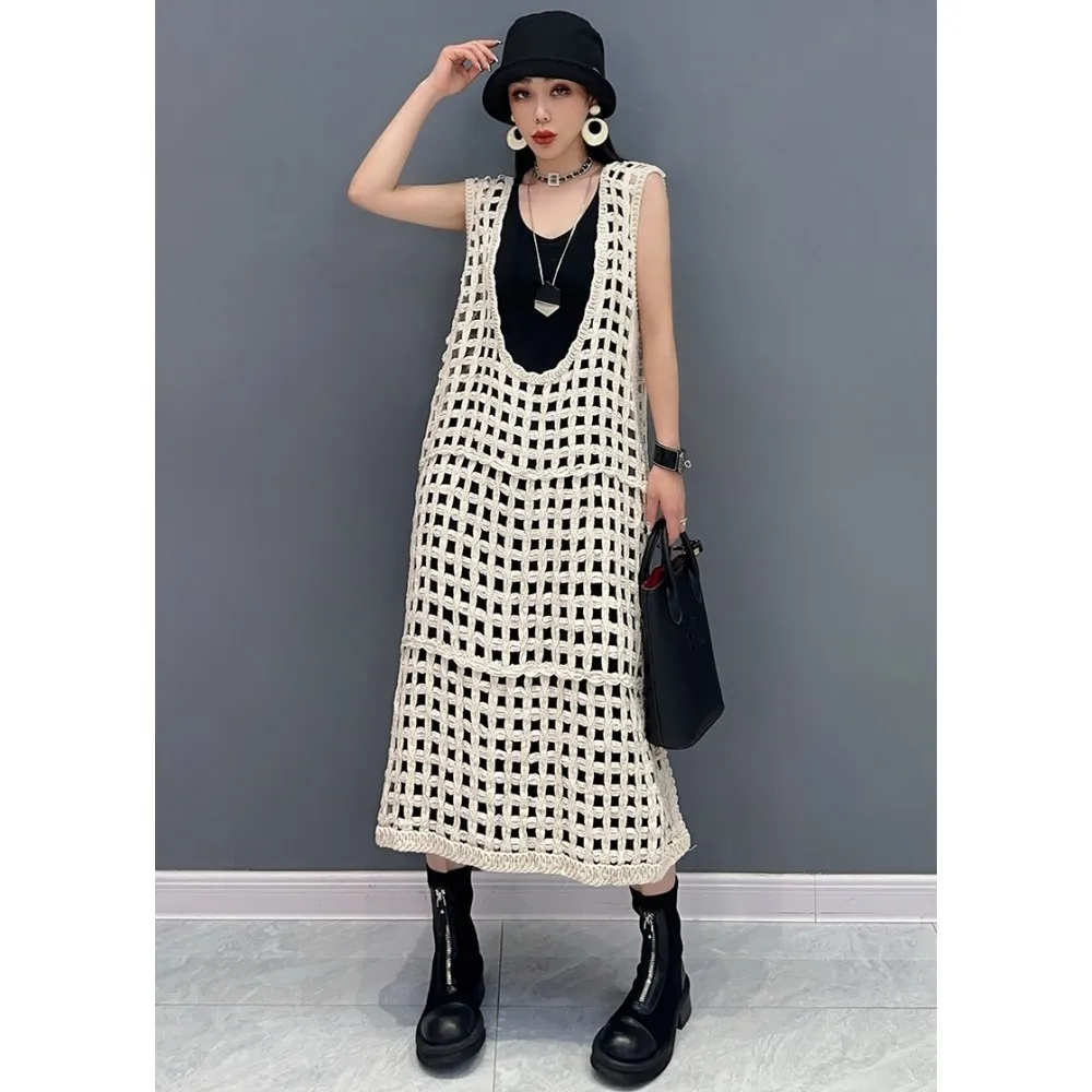 

2024 Summer New Hollow Hooked Mesh Large U-neck Sleeveless Mid Length Dress Women Versatile Outwear LX1758