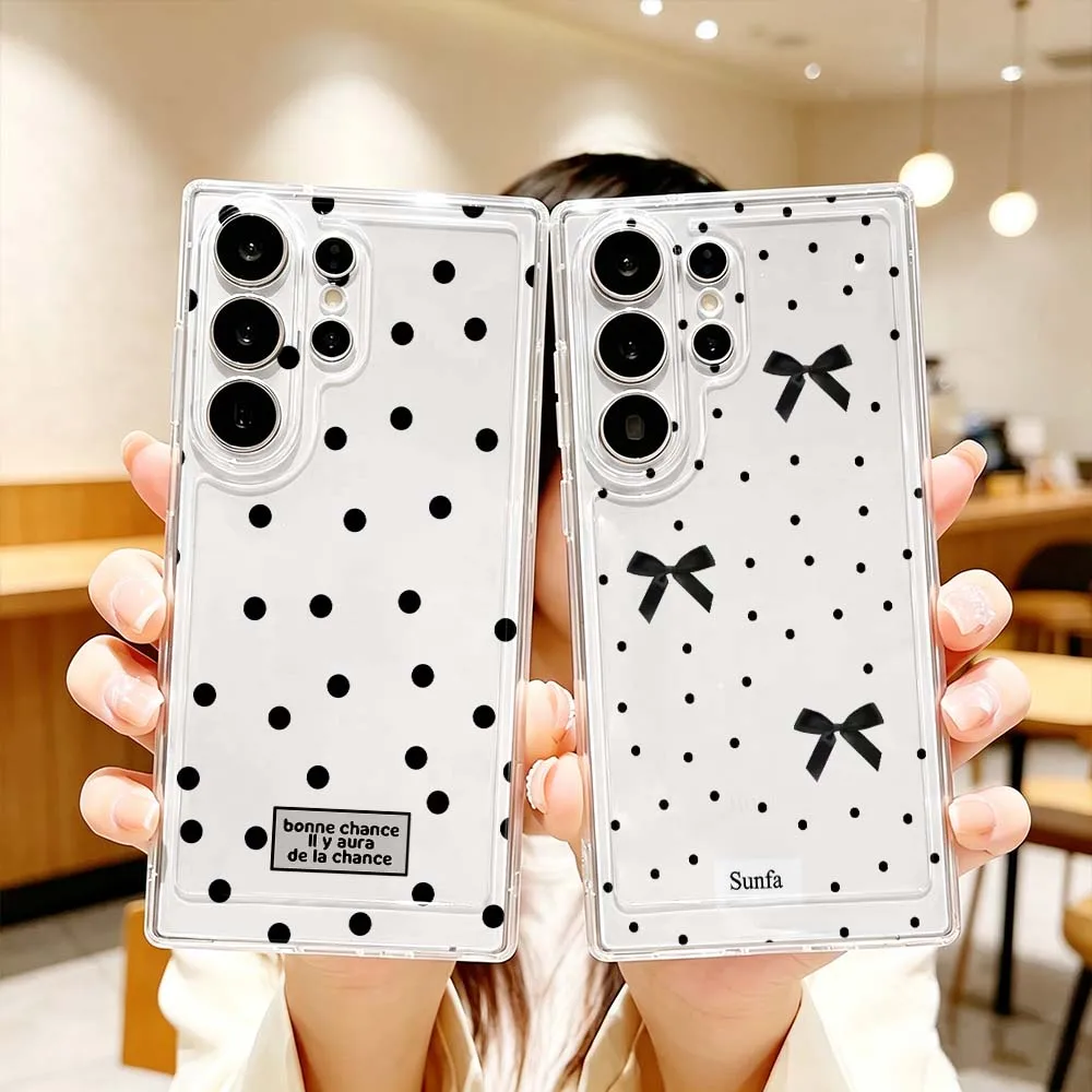 Black Polka Dot Bow Phone Case For Samsung Galaxy S26 S25 S24 S23 S22 S21 S20 Ultra Plus FE Pro 5G Transparent Cover