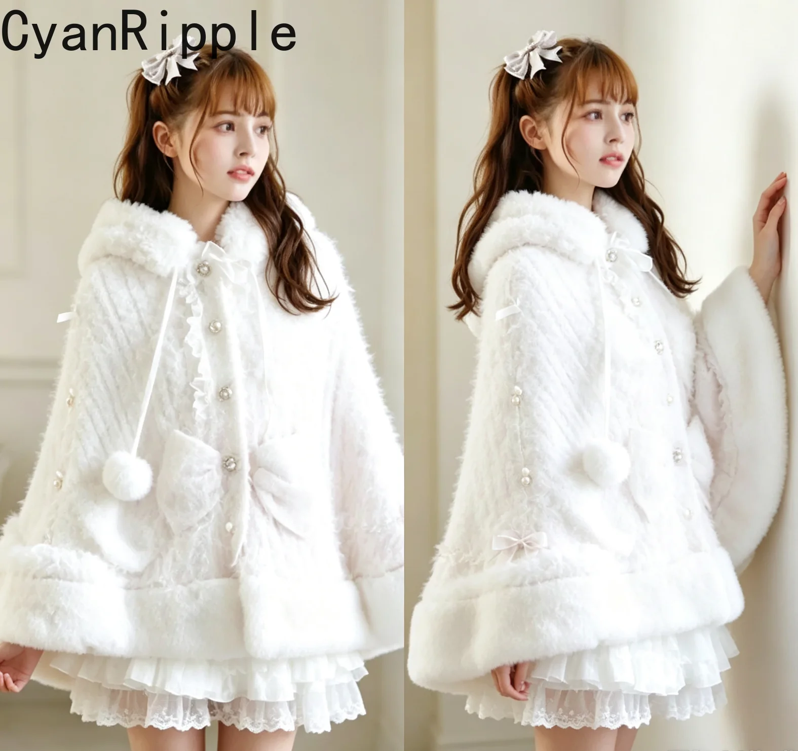 Japanese Sweet Princess Lolita Cape Coat New Autumn Winter Faux Fur Hooded Jacket Diamonds Bow Women Elegant Knit Cloak Overcoat