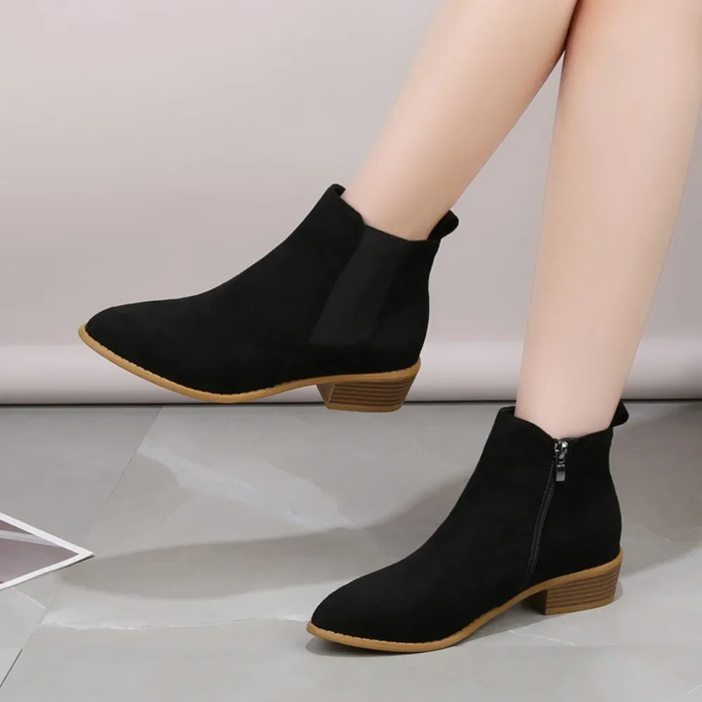 Women's Natural Suede Elastic Patch Low Heel Shoes Autumn and Winter Ankle Boots Square Toe Casual Short Boots Size 36-43