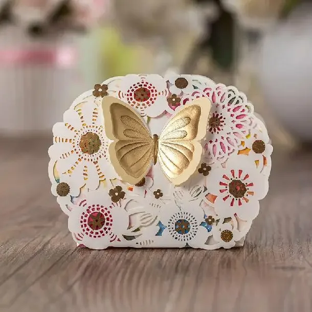 Laser Cut Butterfly Favor Boxes Gold Wedding Candy Box  Boite A Dragee Bapteme Caixa Corte A Laser Casamento Caixa De Doces