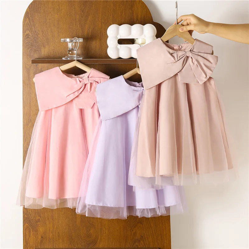 Girls Bow Princess Dresses Children Solid Mesh Dress Kids Baptism Birthday Gown Toddler Christening Sleeveless Tutu Dress 2-8Y