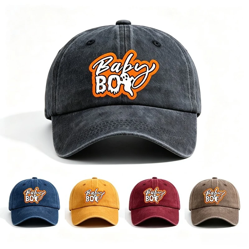Ghost Graphic Vintage Washed Baseball Cap Spooky Halloween‑Inspired Unisex Dad Hat Adjustable Casual Sun‑Shading Street Headwear