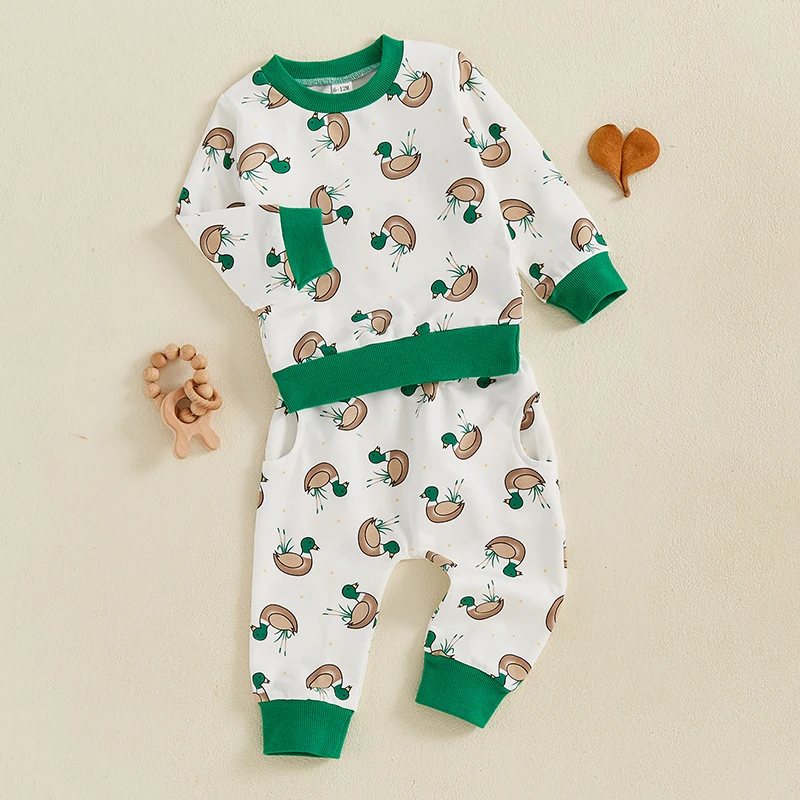 Baby Boys Pants Set Duck Print Long Sleeve Crew Neck Sweatshirt with Elastic Waist Sweatpants Infant Clothes