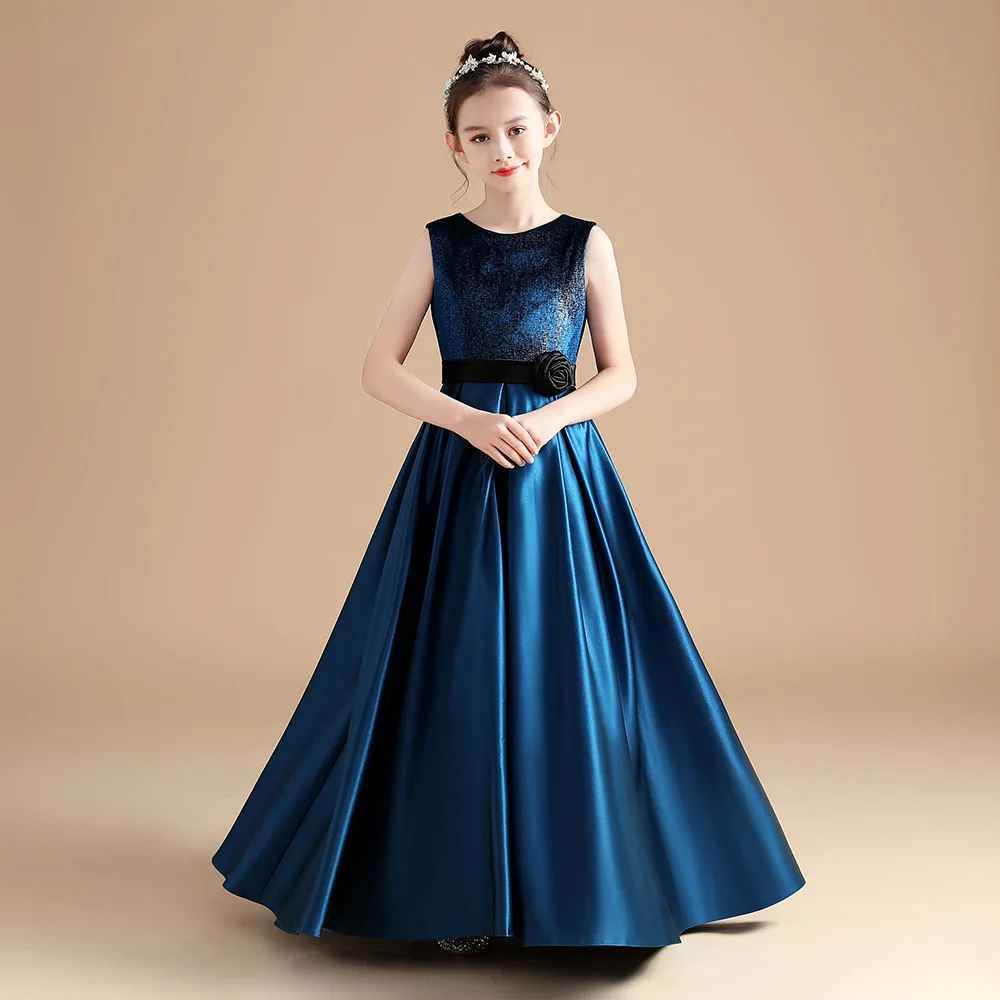 

Dark Blue Baby Girls Dress Piano Competition Costume Clothing Classic Children Princess Dresses Evening Birthday Party Dresses