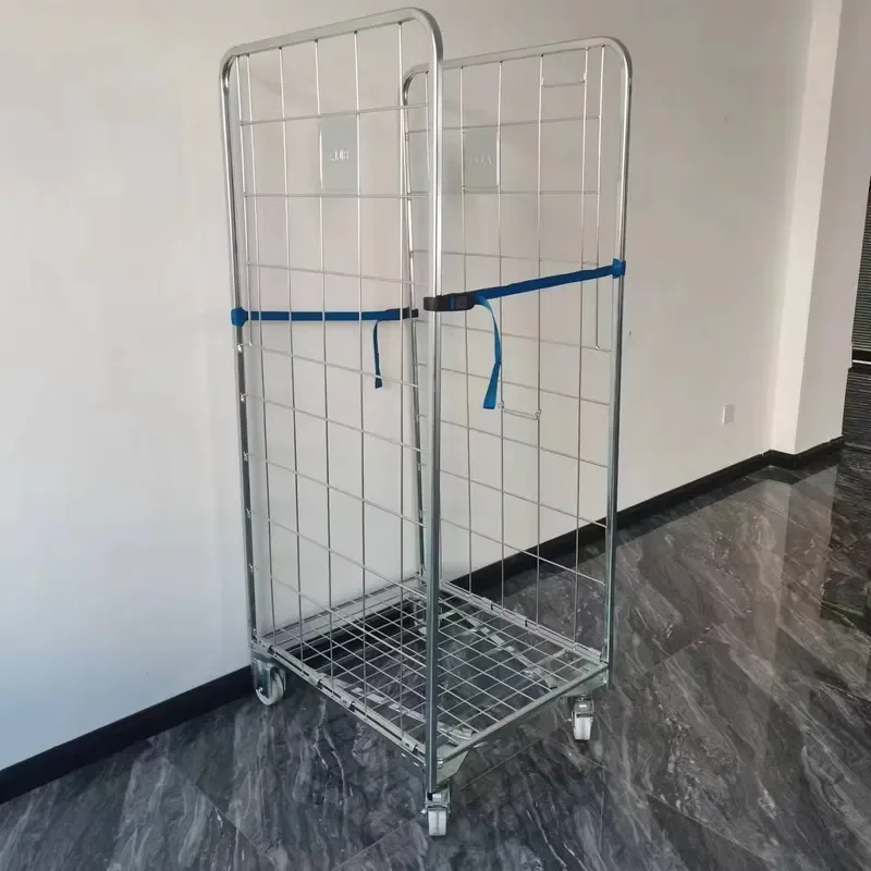 Heavy Duty Folding Steel Mesh Cage Trolley Warehouse Storage Cart Four Wheel Rolling Container for Laundry Truck Transport