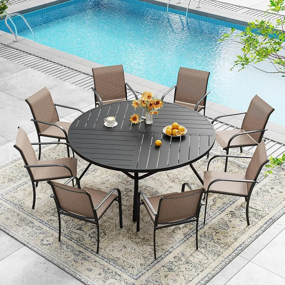 

9 Pieces Outdoor Patio Dining Set For 8, 53.1"" Bla Round Metal Dining Table And 8 Brown Stackable Sling Dining Chairs, Outdoor