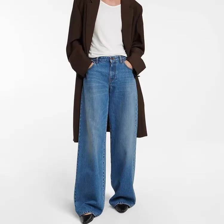 THE ROWS 25SS Spring/Summer High Waisted Loose Wide Leg Draped Dragging Straight Leg Denim Trousers