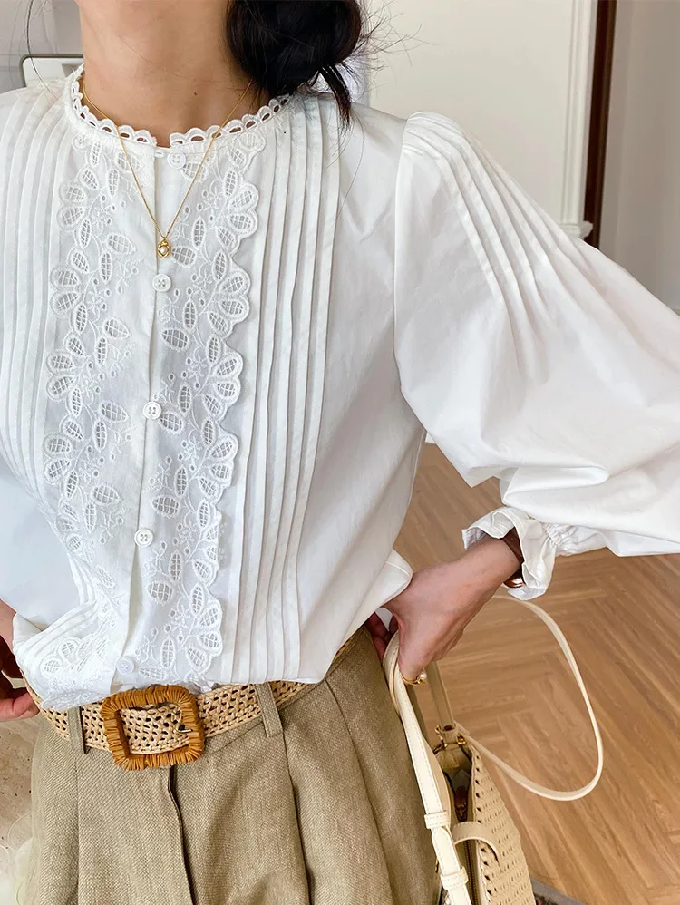 GypsyLady French Lace Chic Blouse Shirt Cotton Elegant Floral Embroidery Spring Autumn Women Long Sleeve Casual Ladies Top Shirt