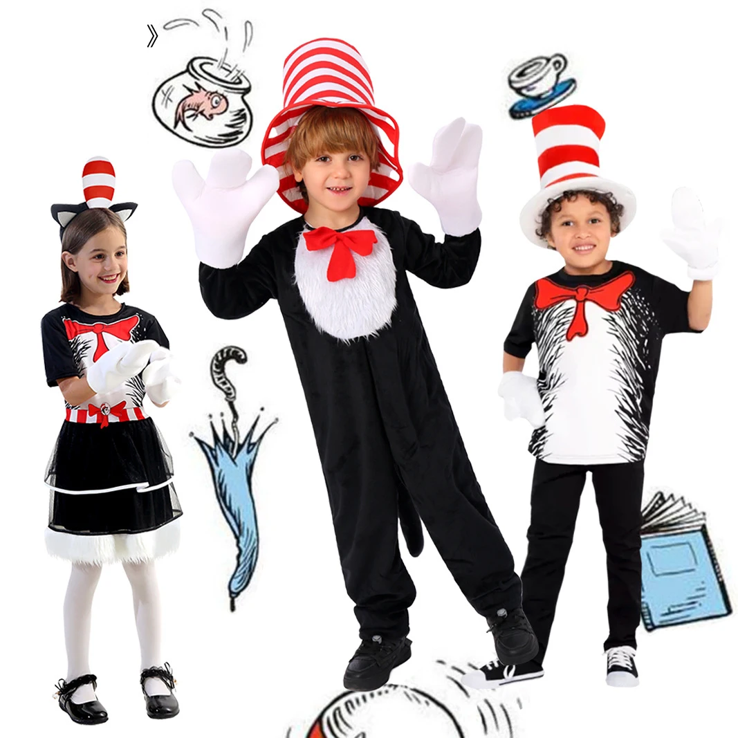 Disfraz de Dr. Seuss, el gato con sombrero, para niños, disfraz divertido de gato de dibujos animados, disfraz de Halloween para niñas y niños, fiesta de disfraces, carnaval