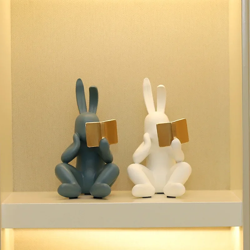 Creative Reading Rabbit Resin Figurine Home Decor Book Shelf Ornament Modern Art Sculpture room decoration accessories Gifts