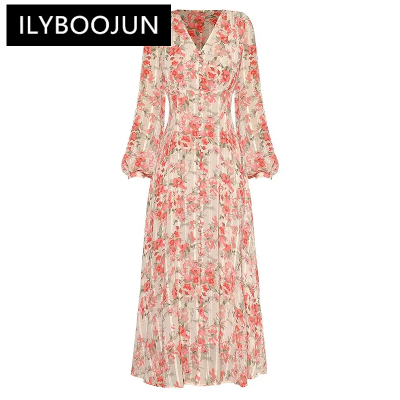

Модное дизайнерское платье ILYBOOJUN, весенние женские элегантные длинные платья для отпуска с V-образным вырезом, рукавами-фонариками и цветочным принтом