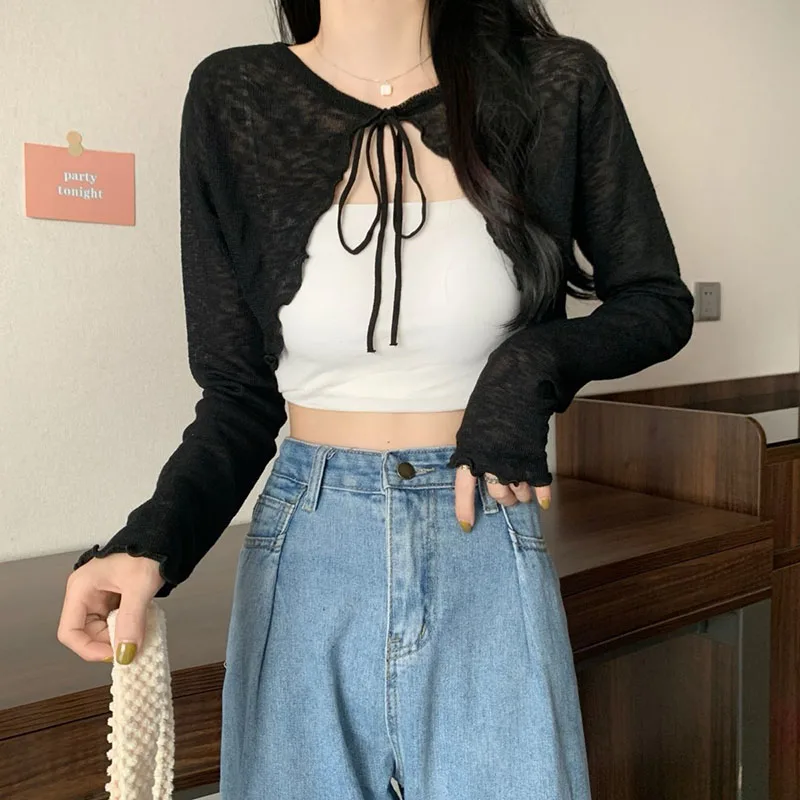 XPQBB Summer Thin Sun-proof Cardigan Women Candy Colors Sweet Long Sleeve Crop Tops Woman Bow Lace Up Shawl Airable Shorts Shirt