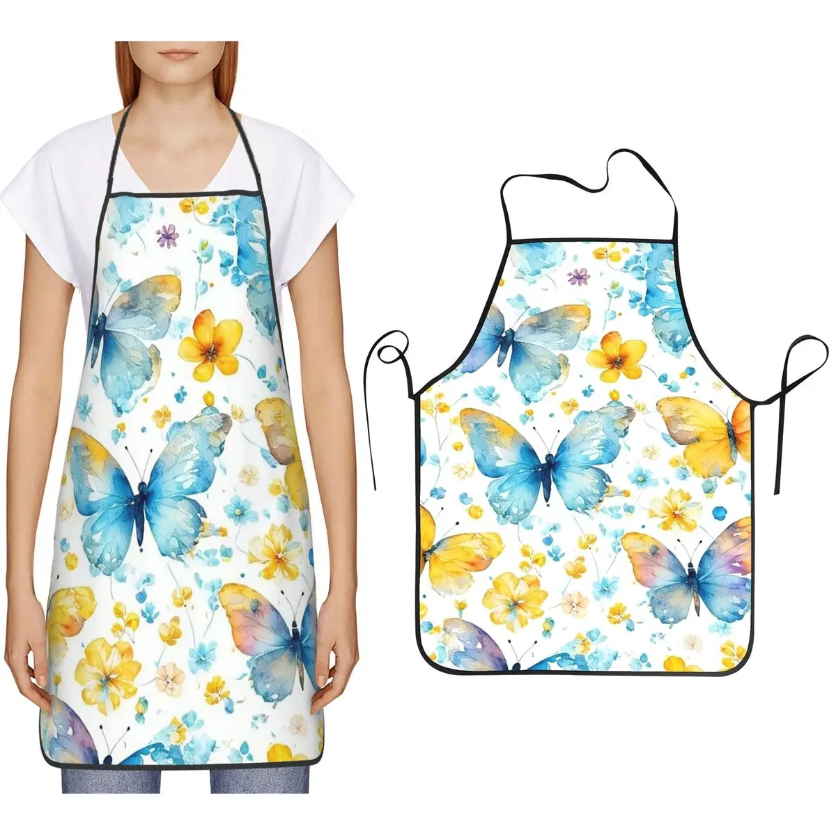 Watercolor Butterfly Flowers Apron Chef Cooking Cuisine Tablier Bib Kitchen Cleaning Pinafore for Women Men Gardening