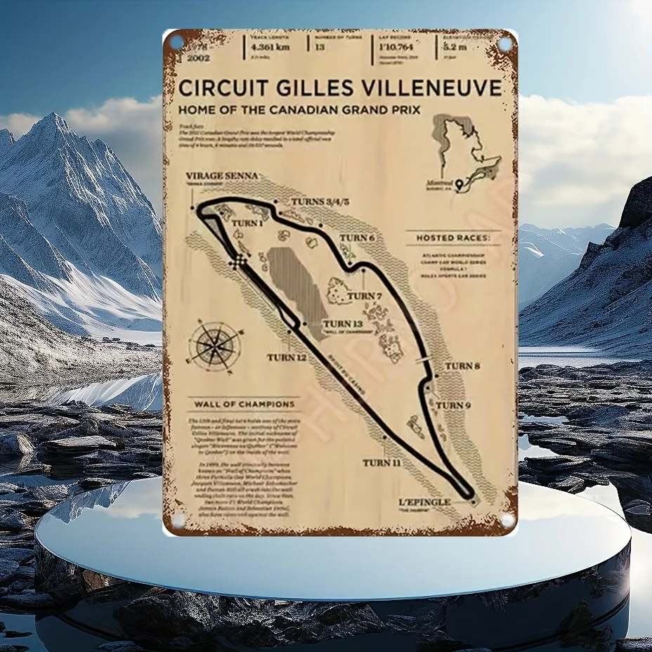 [Activo clásico] Cartel de chapa de metal vintage - Circuito Gilles Villeneuve Mapa de la pista de carrera canadiense - Decoración de pared retro para el hogar,