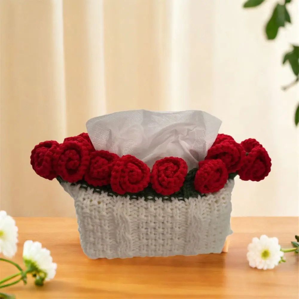 

Fake Flower Crochet Rose Flower Tissue Bag Finished Fashion Knitted Rose Paper Bag Soft Flower Tissue Box Valentine's Day