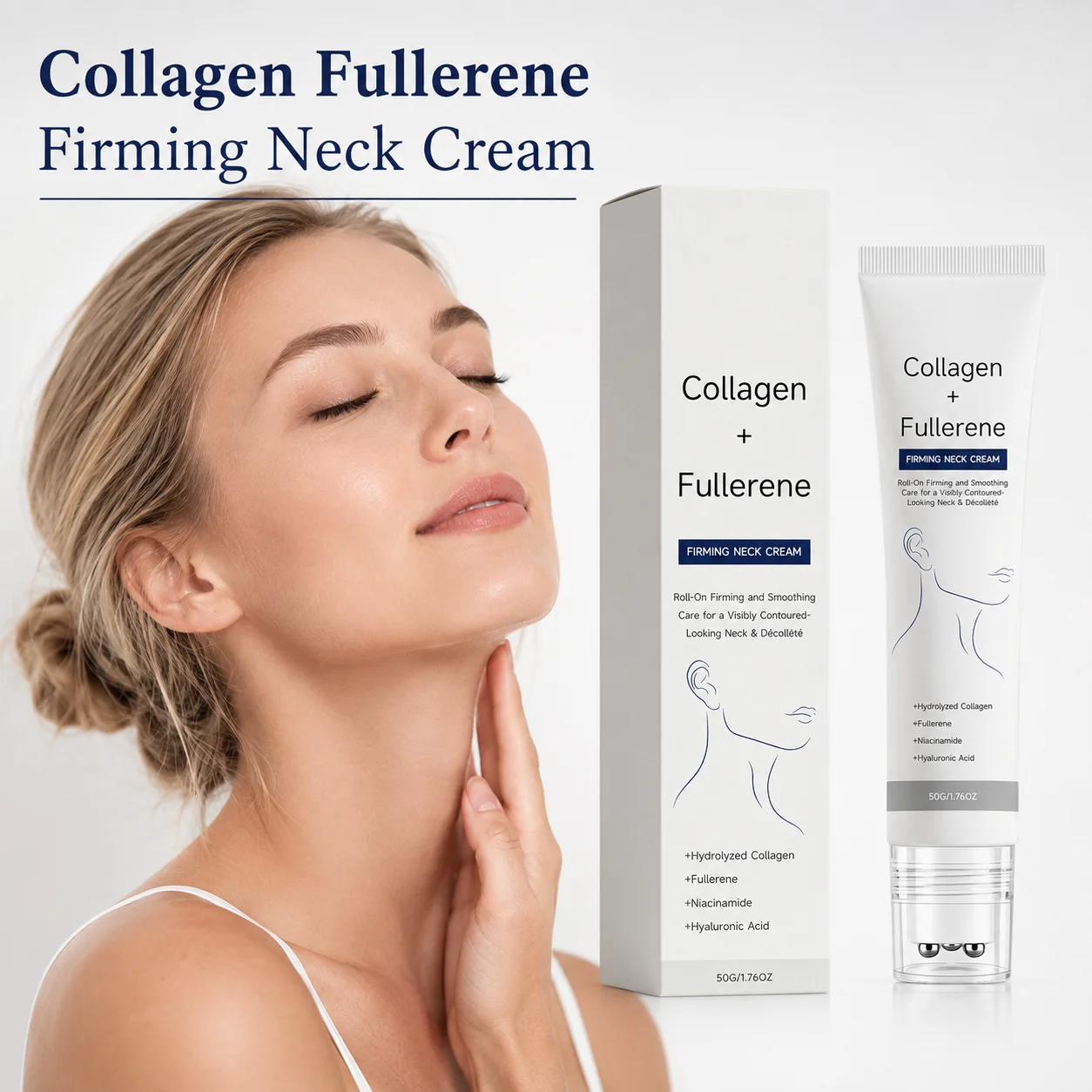 Collagen Fullerene Neck Cream Reduces Wrinkles Eliminate Double Chin Tighten Skin Lift Firming Neck Cream With Massager Roller