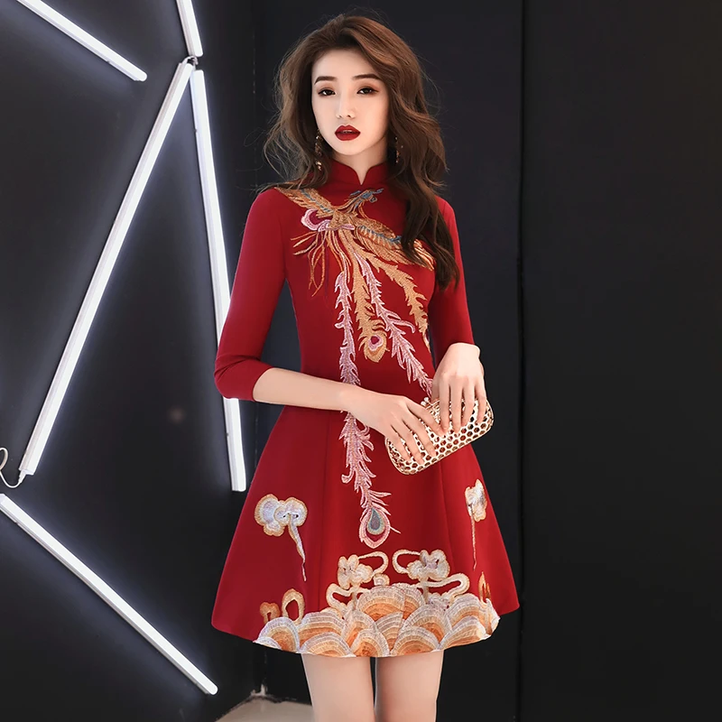 

Ele ort Chinese Sle Wedding Dr New Red Long Sve Bride Gown for Wedding Reception Par Evening Gown