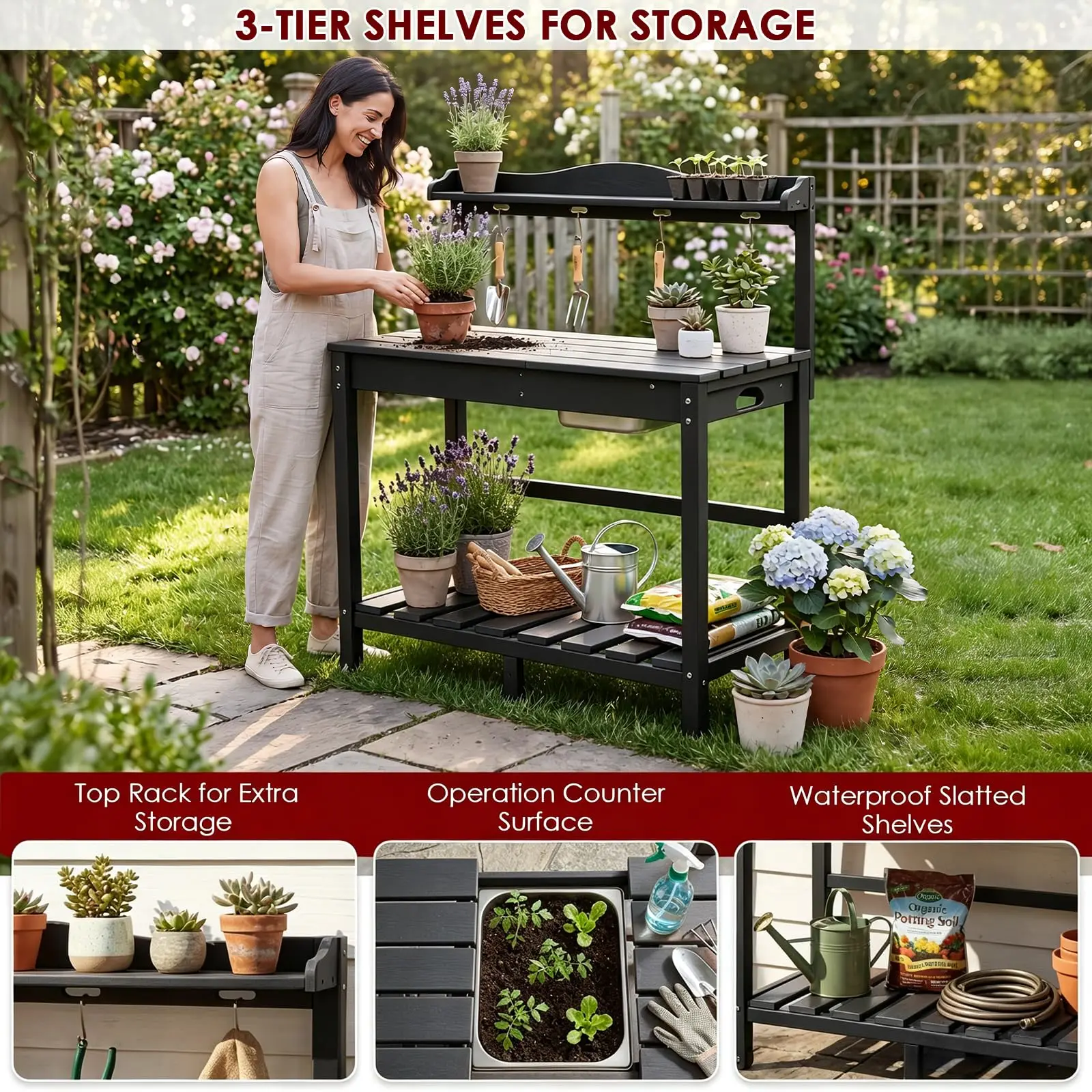 HDPE Outdoor Potting Bench with Sliding Tabletop & Removable Sink