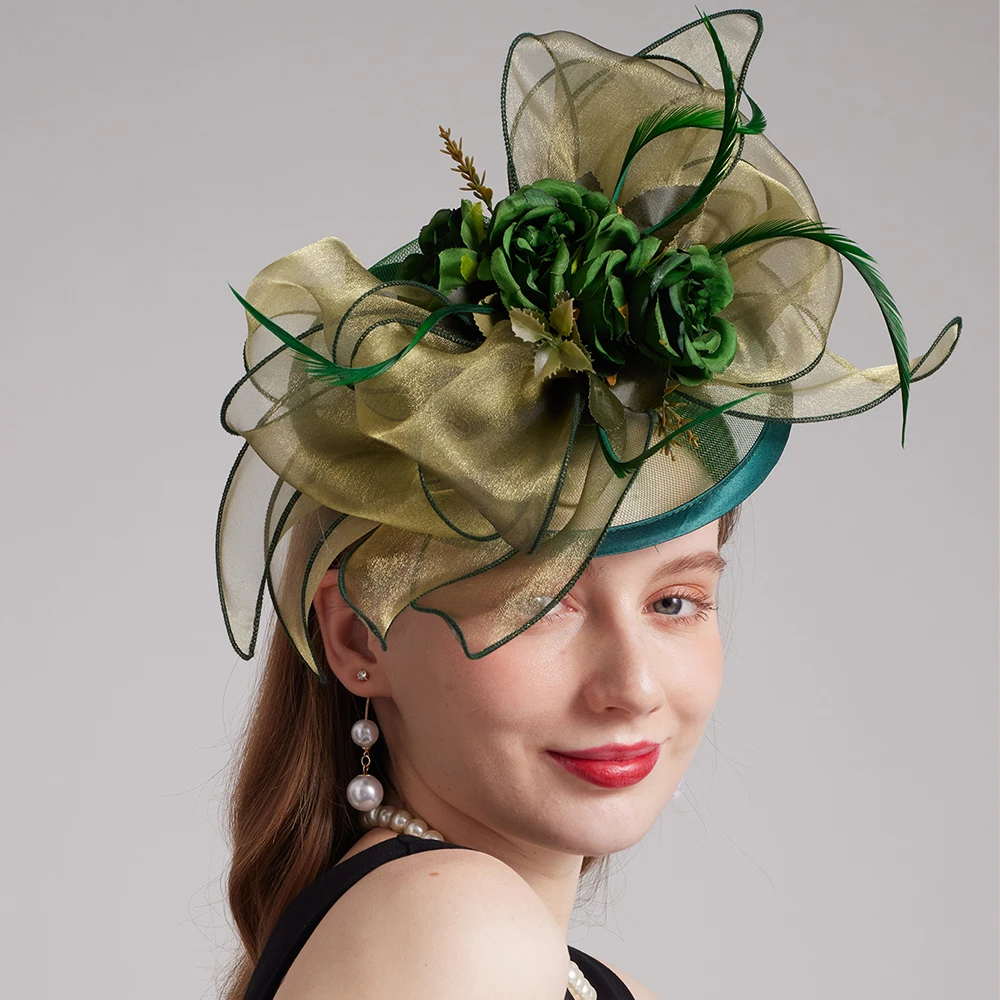 FS Luxury Brand Church Hat For Women Wide Brim Kentucky Derby Cap With Flower Red Green Organza Fascinator Hats Chapeau Femme