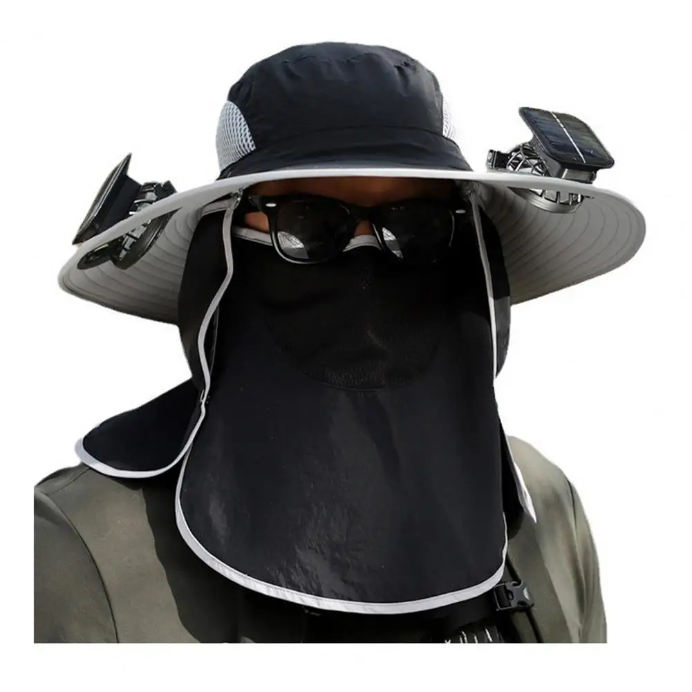 Solar Fan Hat with Neck Flap Face Guard Wide Brim UV Cooling Fan Fishing Hat Rechargeable Foldable Men Outdoor Fisher