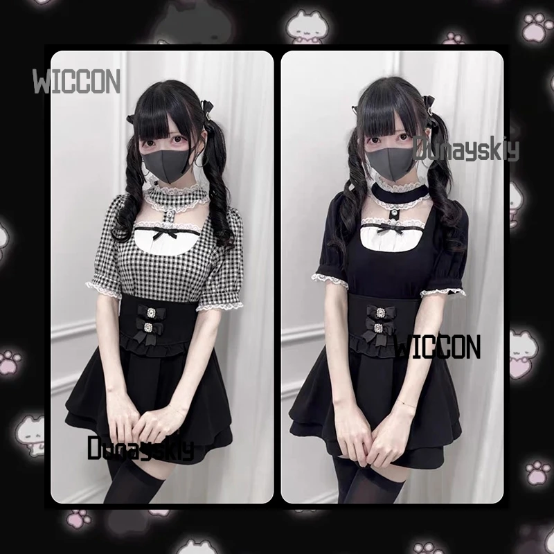Jirai Kei Halloween Cos Japanische, in Massenform, süße Spitze, Schleife, Dekoration, kurzärmeliges Strickoberteil mit Kragen, Cosplay-Kostüme