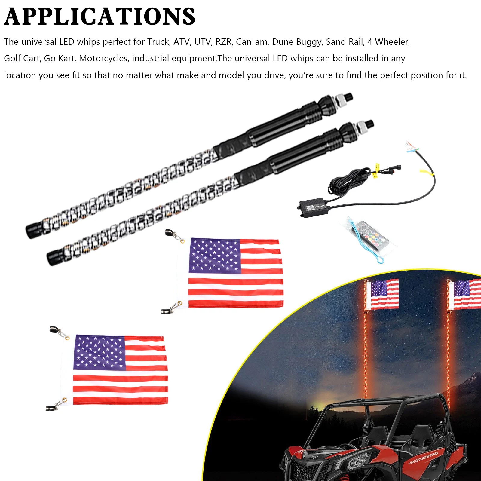 Areyourshop 2X 2ft RGB LED APP Whip Lights Antenna W/ Flag Remote Control For Polaris UTV ATV motorcycle parts