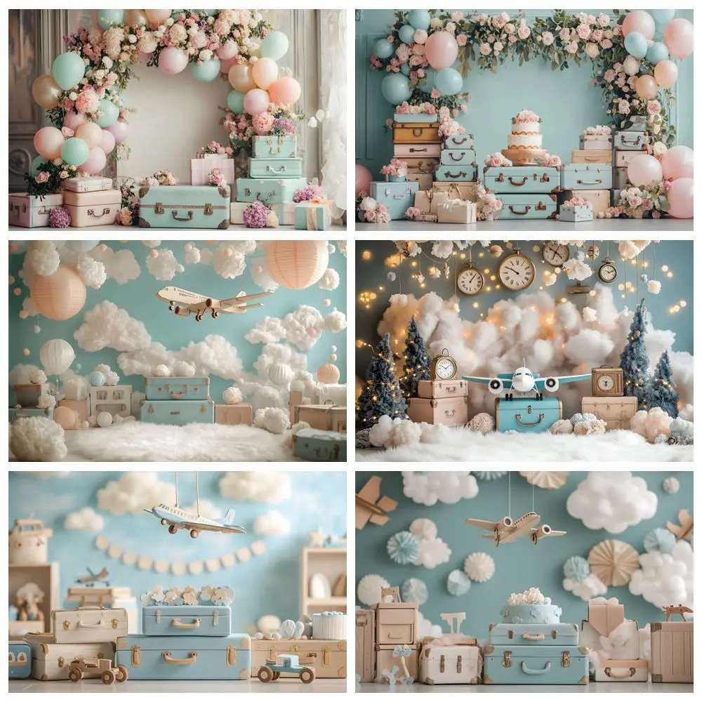 

Boys Girls Birthday Party Photography Background Kids Portrait Cake Smash Decor Balloon Flowers Suitcase Backdrop Photo Studio