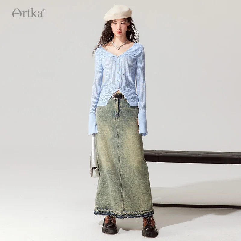 ARTKA 2023 Autumn New Women Knitwear Fashion Slim Off Shoulder Wool Knitted Top Long Flare Sleeve Knit Cardigan Female WB92239Q