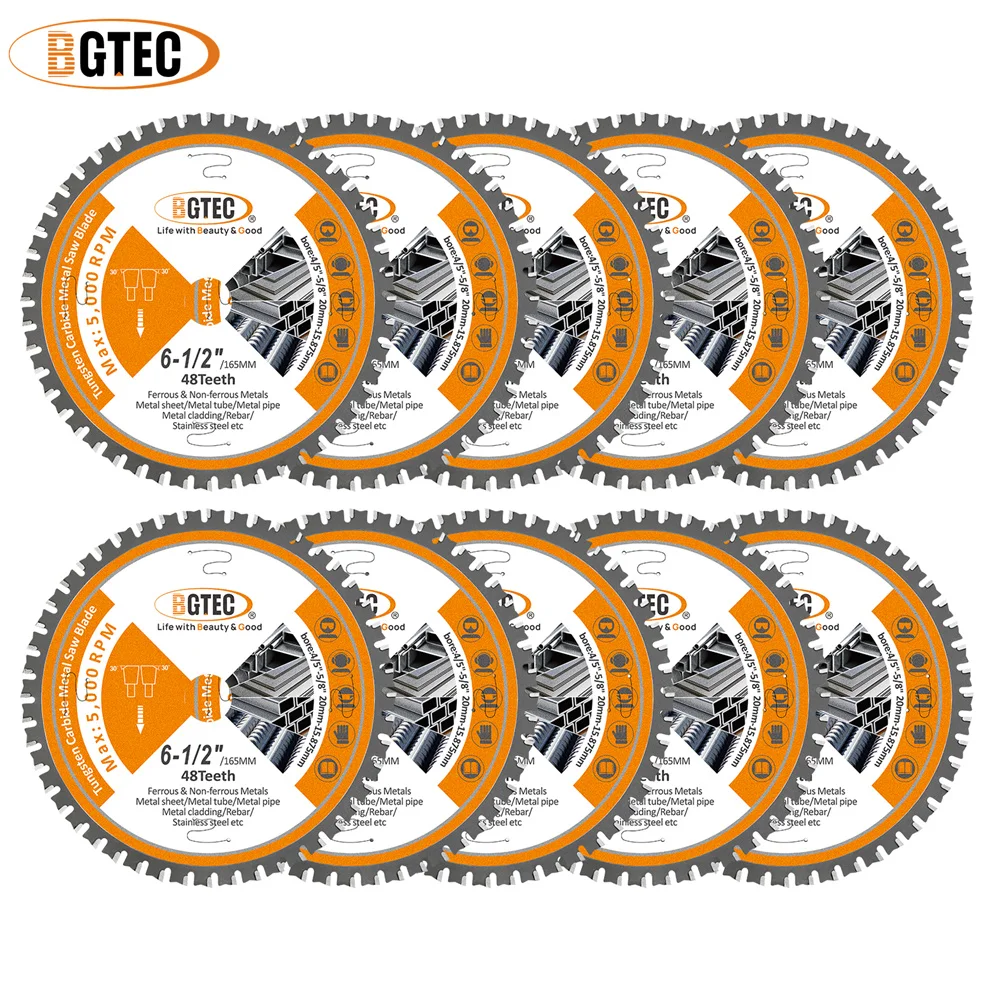 BGTEC 10pcs TCT Saw Blade 165mm FTG 48 Carbide Teeth Cutting Disc Iron Stainless Steel Metal Wood Tube Rebar Noise Reduction