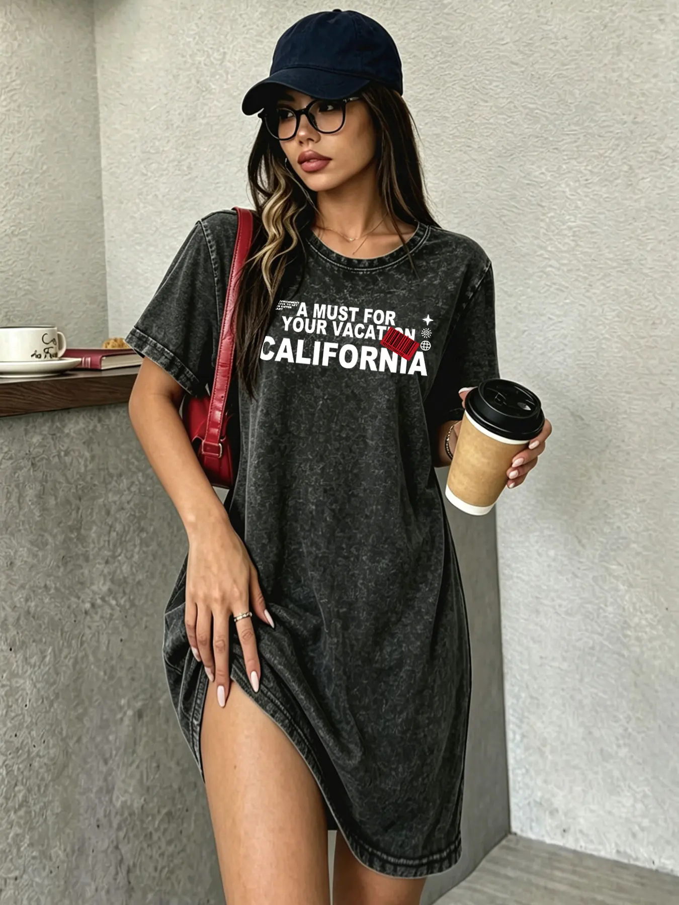 Vintage Washed Retro T-Shirt-Kleid für Damen, Modisches Vielseitiges Streetwear Marken-Buchstaben-Print Midikleid