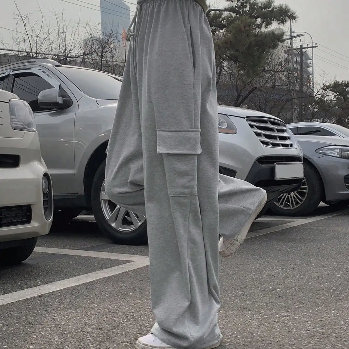 

Korean Chic Summer Hong Kong Style Design Gray High-Waisted Drawstring Wide-Leg Pants Slimming Look Small Floor-Length Sweatpants for Women