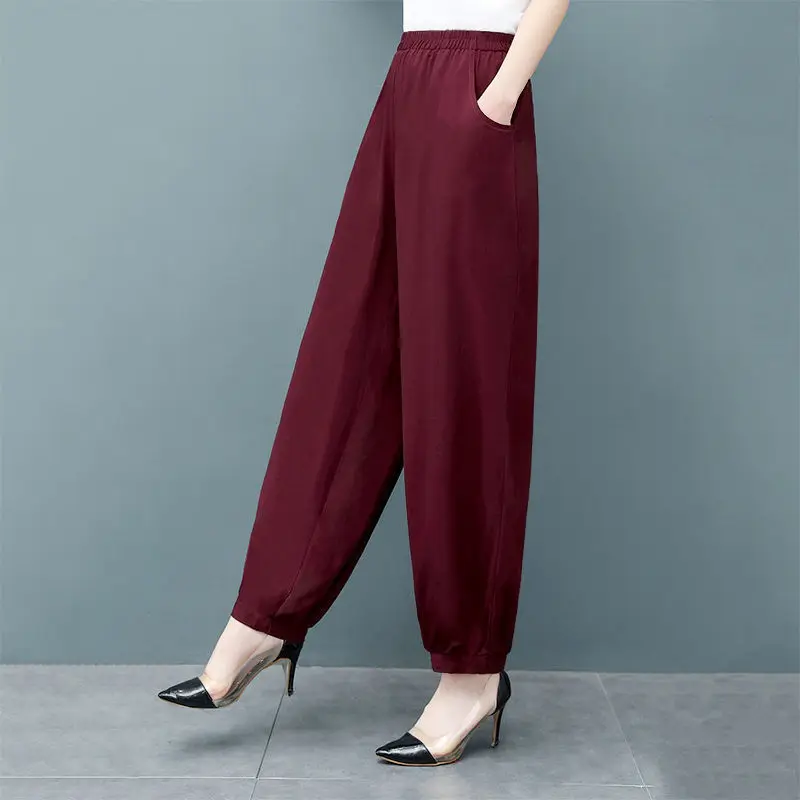 Spring Summer Thin Solid Bloomers Pants Big Size All-match Elastic Band High Waist Loose Women Fashion Casual Wide Leg Trousers