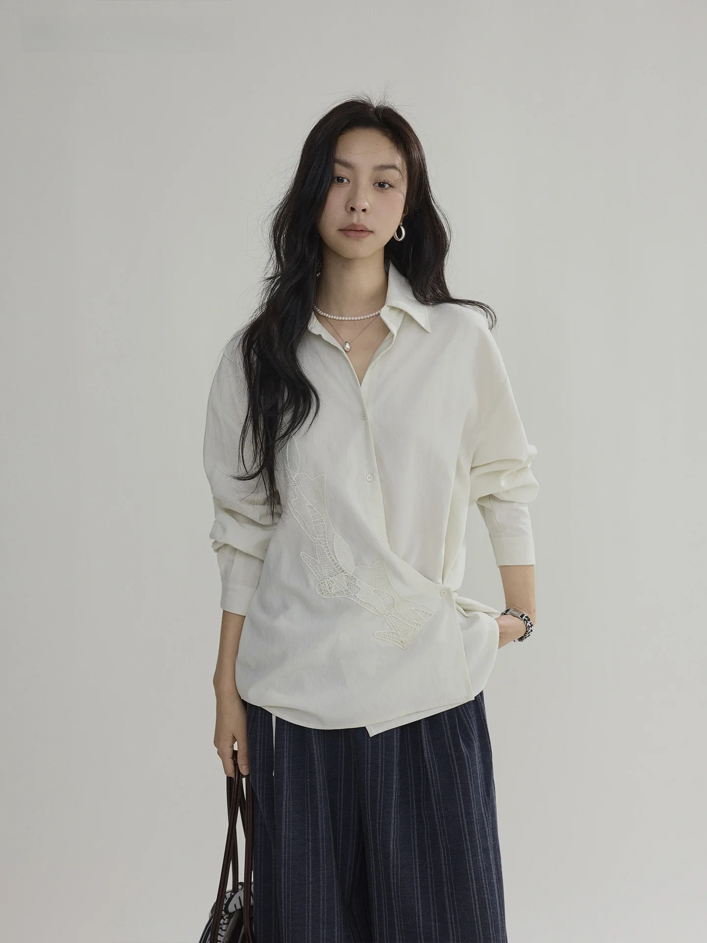 

Joli Choose Women's Loose Long Sleeve Embroidered Silk Shirt Waist Cinching Side Tie Casual Style Breathable Lenzing Fibre