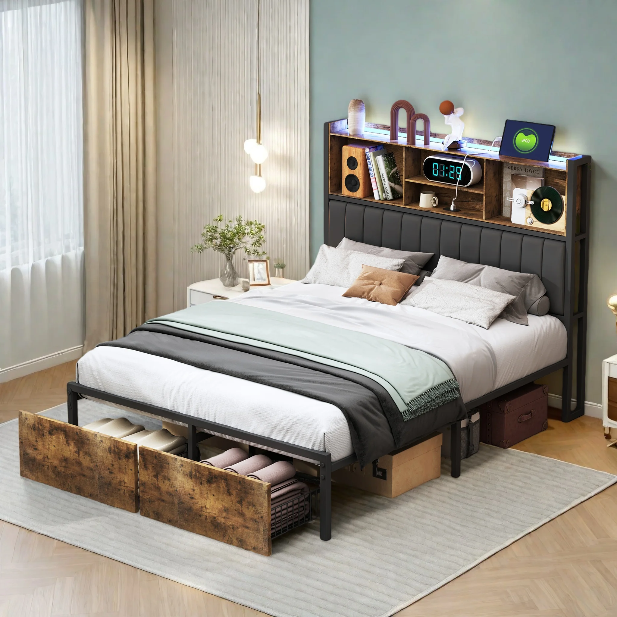 Lit double rembourré Superaly 140x200cm, lit pour jeunes, lit multifonctionnel avec éclairage LED, avec tiroirs et chargement USB, PU