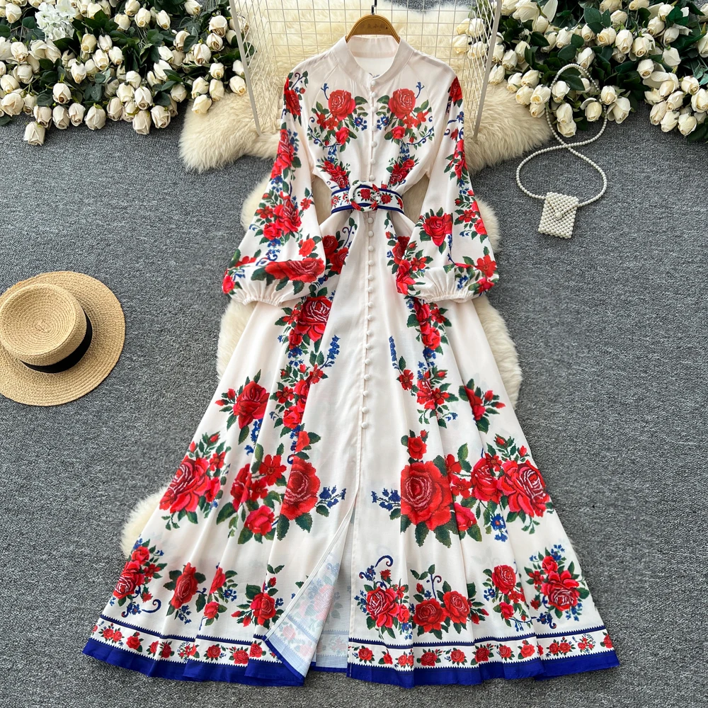 Retro Elegantes O-Ausschnitt Laternenärmel lockeres Langarmkleid mit hoher Taille Damenbekleidung Zeremonienkleider