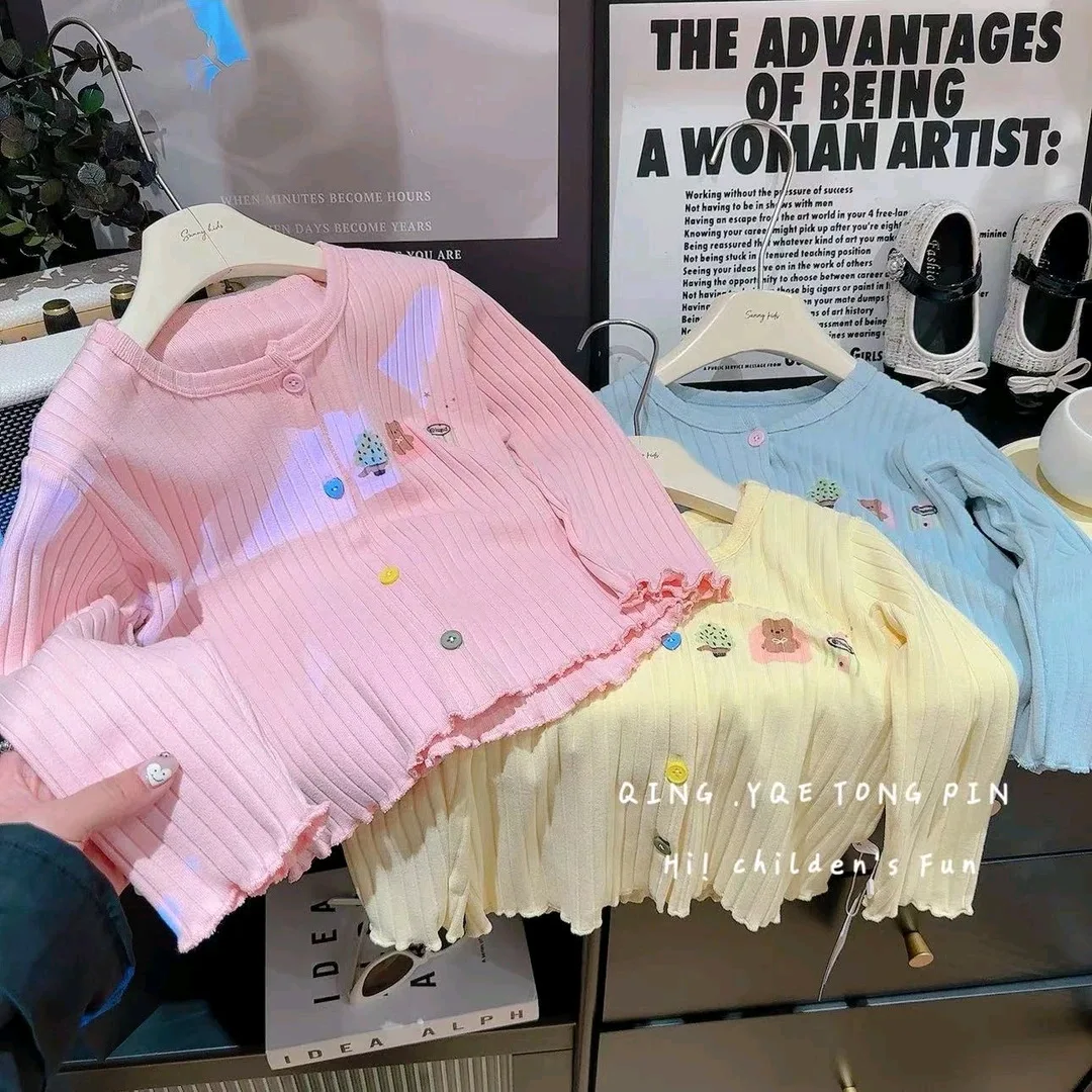 Girls' Korean Style Cartoon Jacket & Shirt Set - Color Buckle Long Sleeve Outfit for Stylish Baby & Kids