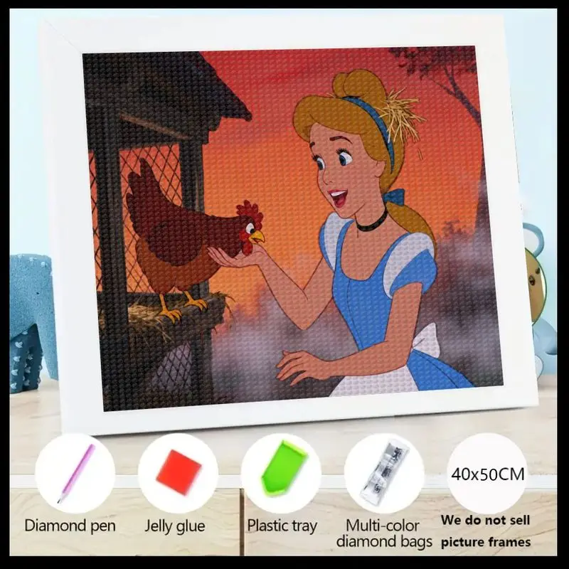

1PC 5D Full Drill Diamond Painting Kit, DIY Cartoon Princess Alice & Happy Chicken Rhinestone Embroidery Art, Large 40x50CM Crys