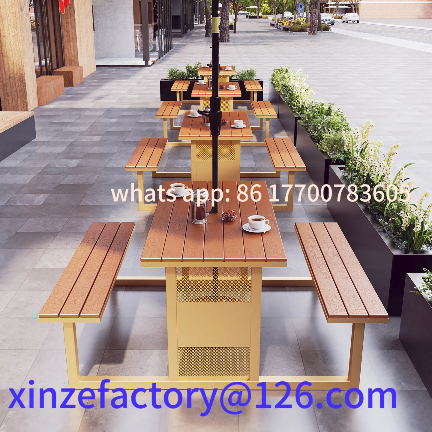 

Customizable outdoor tables and chairs with umbrella set