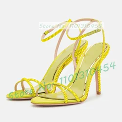 Full Crystals High Heels Gold Sandals Women Sparkly Cross Thin Strap Studded Shoes Lady Luxury Party Ankle Strap Bling Sandals