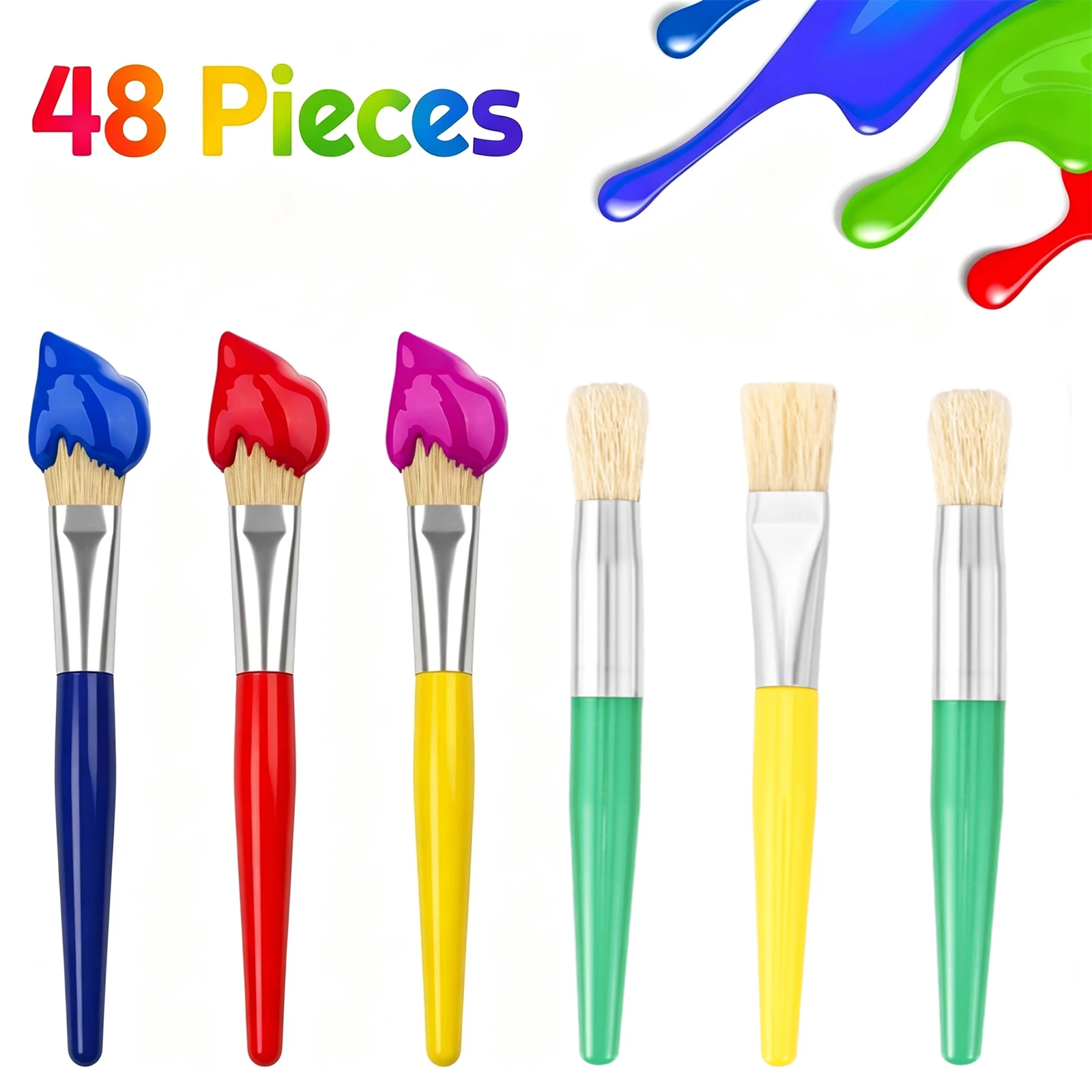 48Pcs Kids Paint Brushes Toddler Large Chubby Brushes Round and Flat Preschool Painting Brushes for Washable Paint Acrylic Paint