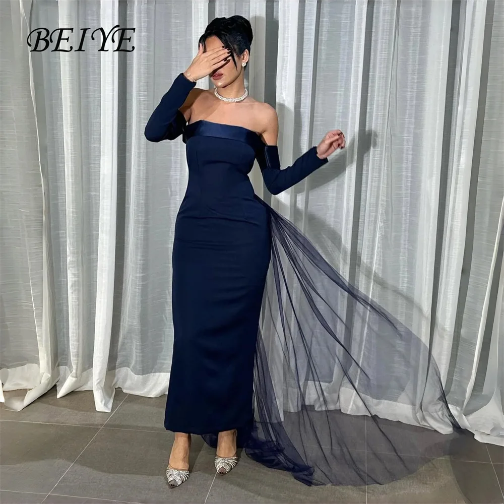 

BEIYE Очаровательные темно-синие вечерние платья-футляры с длинными рукавами и открытой спиной с открытыми плечами Платье для выпускного вечера Вечернее платье по индивидуальному заказу