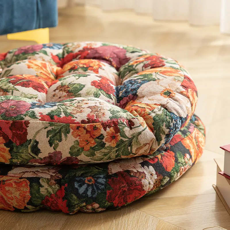 EIFLOY-American Pastoral Round Floor Seating Cushion, Tatami Thick Meditation, Futon Bench Pillow, Retro Flower, Big Futon