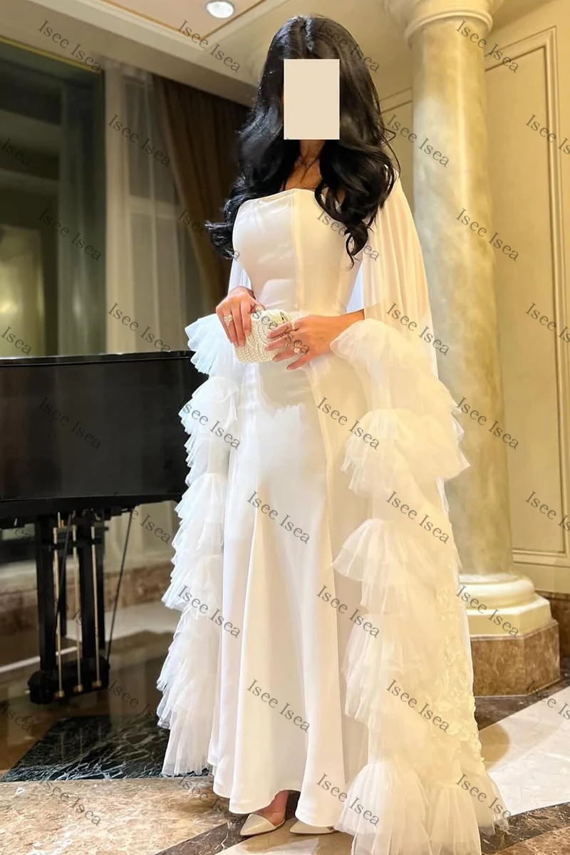 Vestidos de Noche blancos, apliques de cuentas de satén, volantes, ocasiones formales, mangas tipo capa, vestido de fiesta, vestidos de fiesta de noche personalizados