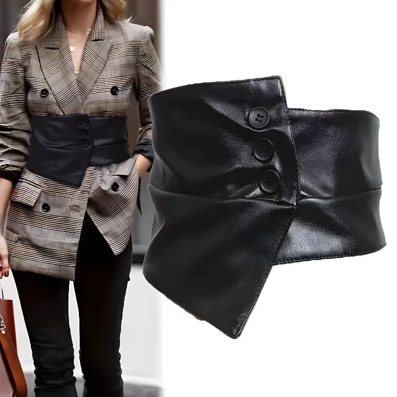 Women’s Wide Elastic Waistband Corset Belt Black Three Button Closure All Match Waist Belt Outer Wear