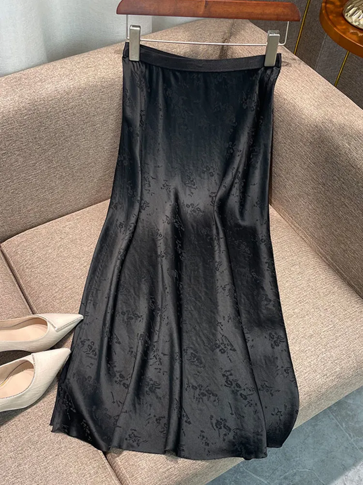 New Chinese Style Yellow Printed Satin Midi Skirt, 2026 New High-Waisted Slimming Draped A-Line Long Skirt