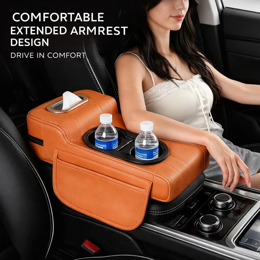 Car Center Console Armrest Box Cushion Pad with Dual Cup Holder Tissue Box Storage Organizer Accessories